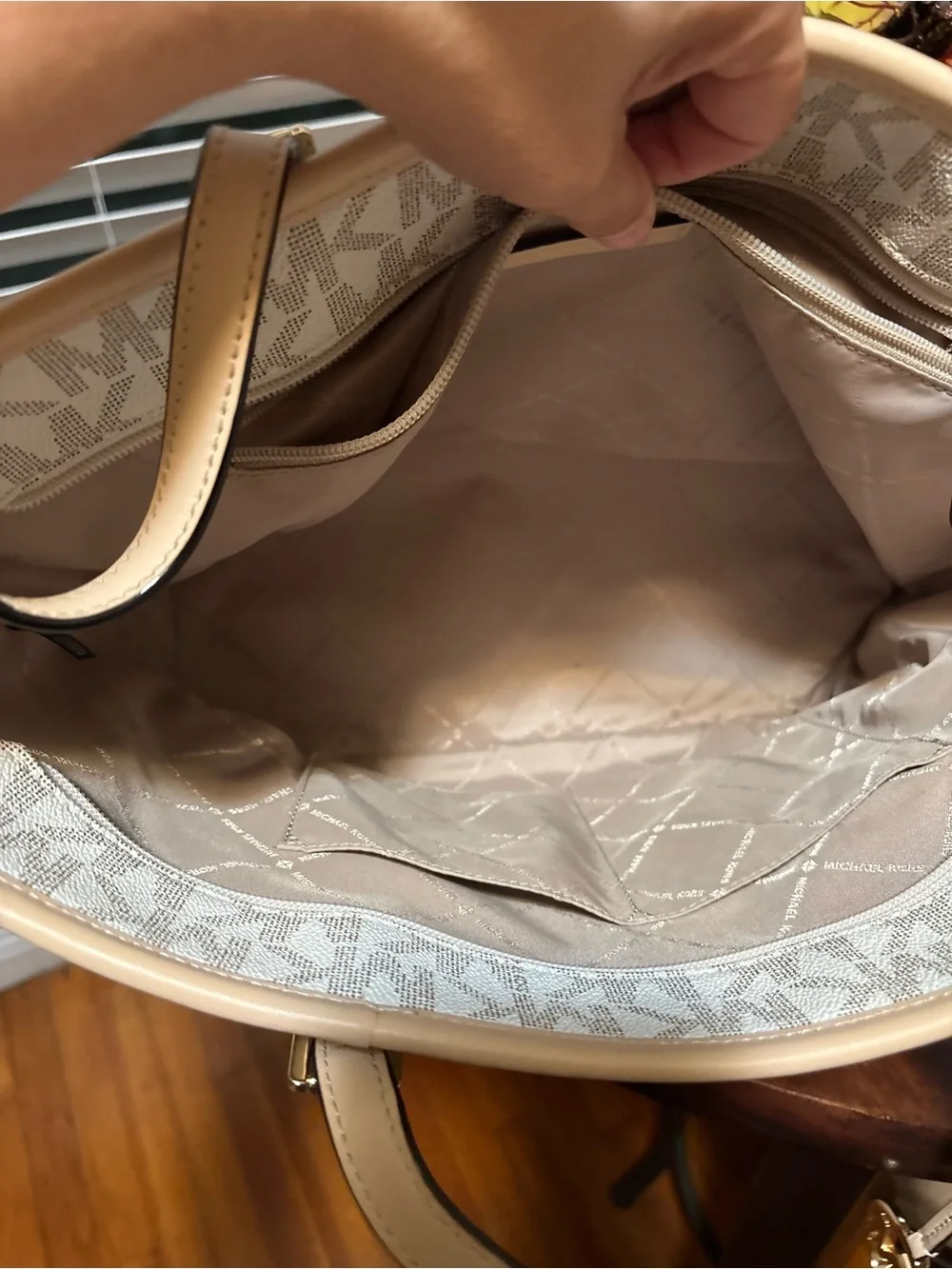 Michael Kors Cream and Tan Signature MK Tote with Gold Charm